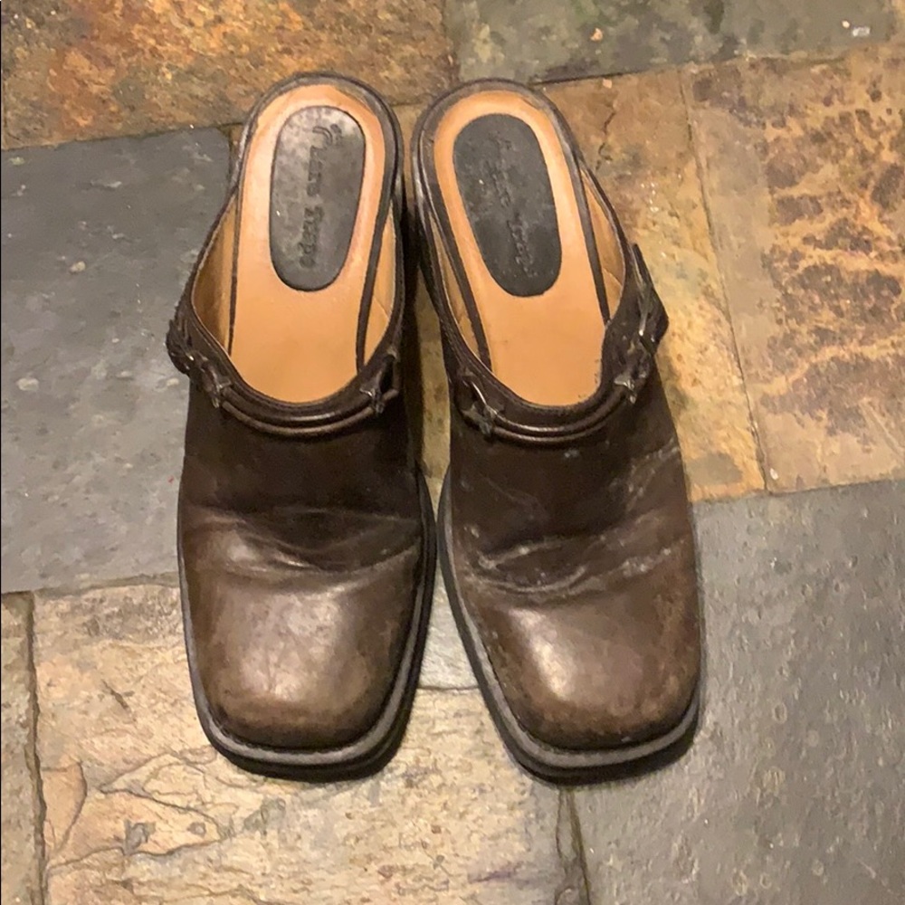 Brown slip on clogs